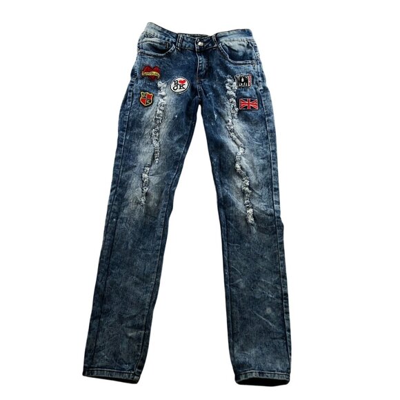 Rebel Love Womens Jeans Size 7/8 Skinny Distressed Blue Denim Applique Y2K Casua - Picture 1 of 16